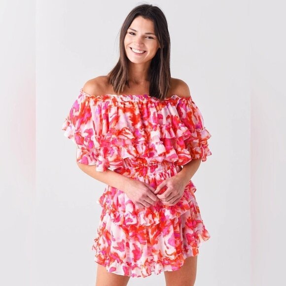 Misa Los Angeles Isella Maldive Marble Floral Off-Shoulder Ruffle Mini Dress M - Picture 1 of 16